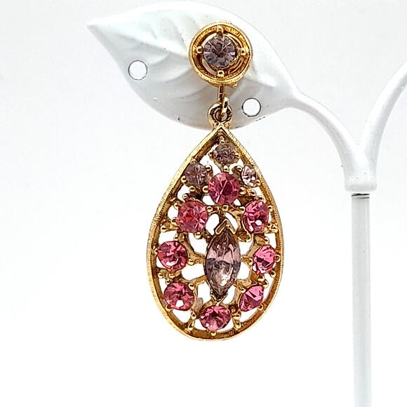 Vintage Pink & Lavender Rhinestone Dangle Clip Earrings - Picture 3 of 8